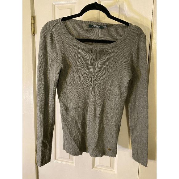 Lauren Ralph Lauren 🐾  Gray Ribbed Sweater Blouse Size Medium - Picture 1 of 6